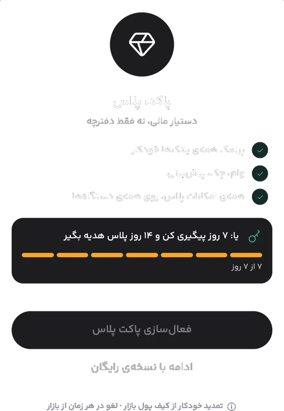 برگهی پاکت پلاس با امکانات و کلید هدیهی ۱۴ روزه